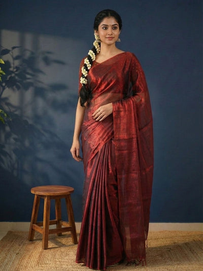 Indiehaat | Pure Tissue Cotton Handloom Saree Maroon