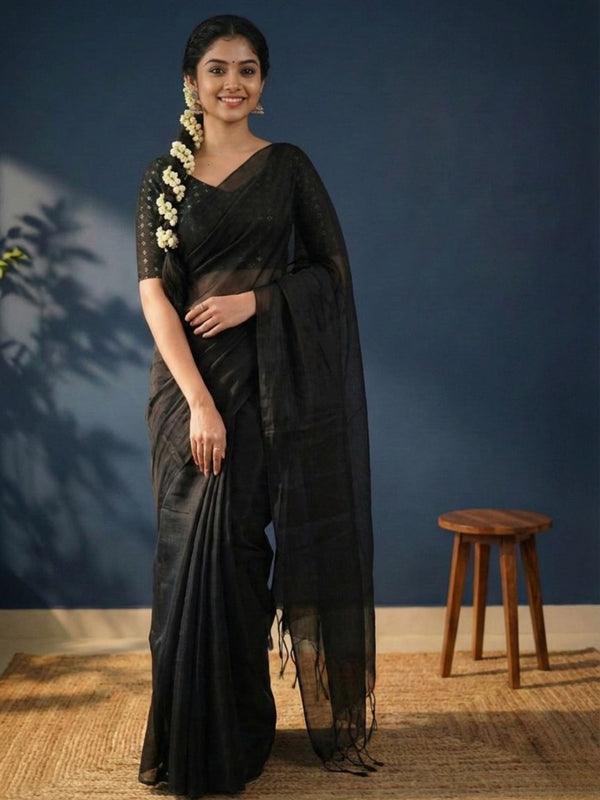 Indiehaat | Pure Tissue Cotton Handloom Saree Black