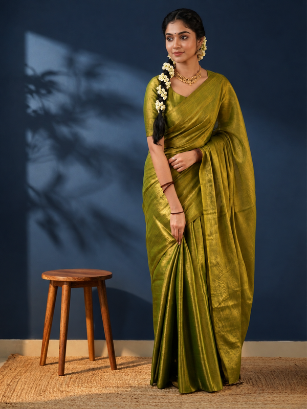 Indiehaat | Pure Tissue Cotton Handloom Saree Green