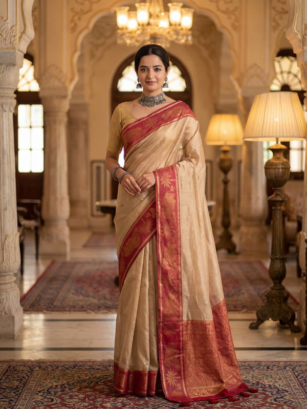 Indiehaat | Pure Tissue Cotton Handloom Saree Beige
