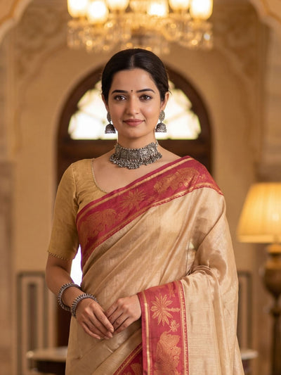 Indiehaat | Pure Tissue Cotton Handloom Saree Beige