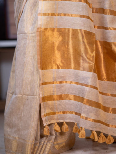 Indiehaat | Pure Tissue Linen Zari Anchal Saree White