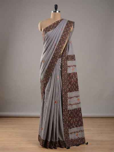 Indiehaat | Ajrakh Patch Work Pure Mul Cotton Saree Gray