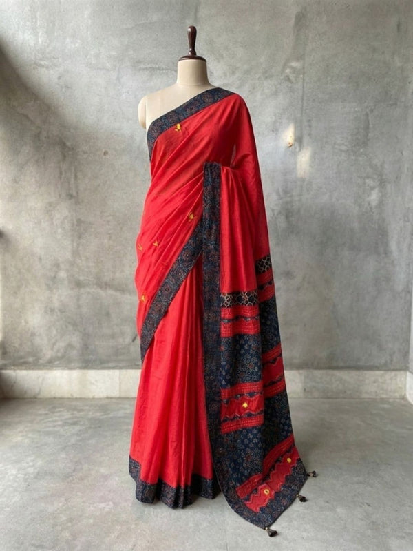 Indiehaat | Ajrakh Patch Work Pure Mul Cotton Saree Red