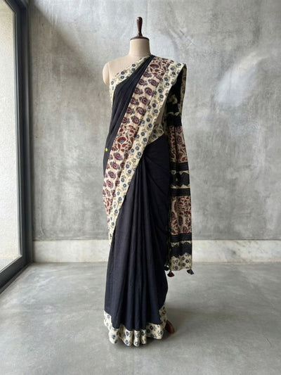 Indiehaat | Ajrakh Patch Work Pure Mul Cotton Saree Black