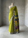 Indiehaat | Ajrakh Patch Work Pure Mul Cotton Saree Green