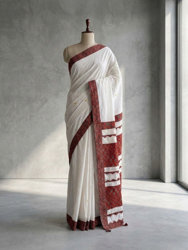 Indiehaat | Ajrakh Patch Work Pure Mul Cotton Saree White