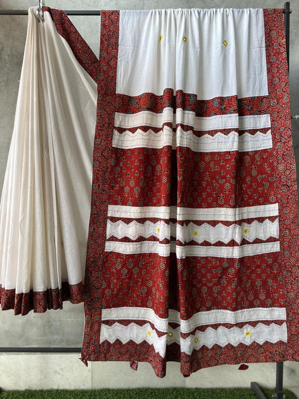 Indiehaat | Ajrakh Patch Work Pure Mul Cotton Saree White