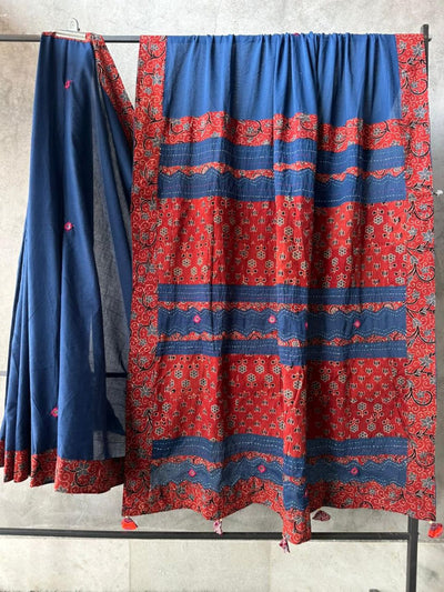 Indiehaat | Ajrakh Patch Work Pure Mul Cotton Saree Blue