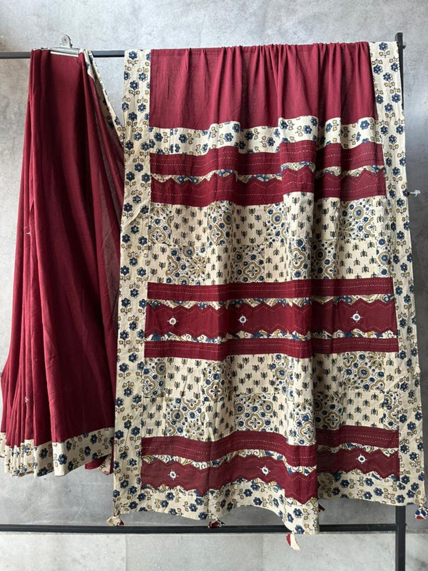 Indiehaat | Ajrakh Patch Work Pure Mul Cotton Saree Red