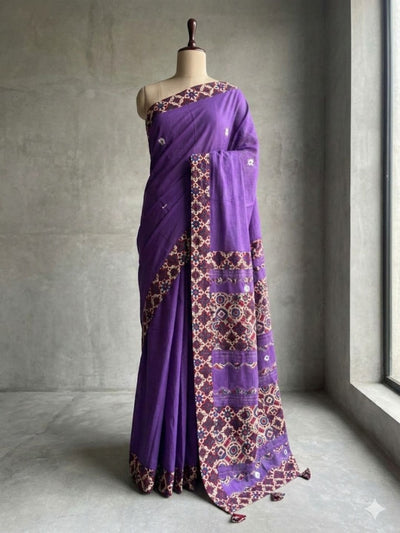 Indiehaat | Ajrakh Patch Work Pure Mul Cotton Saree Purple