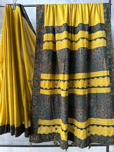 Indiehaat | Ajrakh Patch Work Pure Mul Cotton Saree Yellow