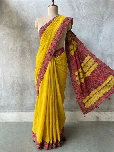 Anvaya Pure Mul Cotton Ajrakh Saree Warm Yellow