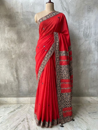 Anvaya Pure Mul Cotton Ajrakh Saree True Red