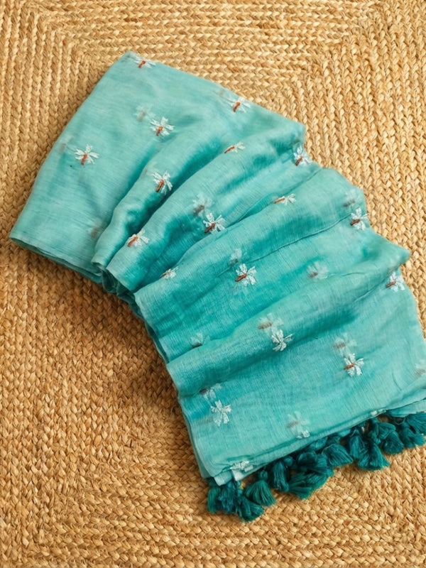 Indiehaat | Pure Mul Cotton Digital Embroidery Saree Green