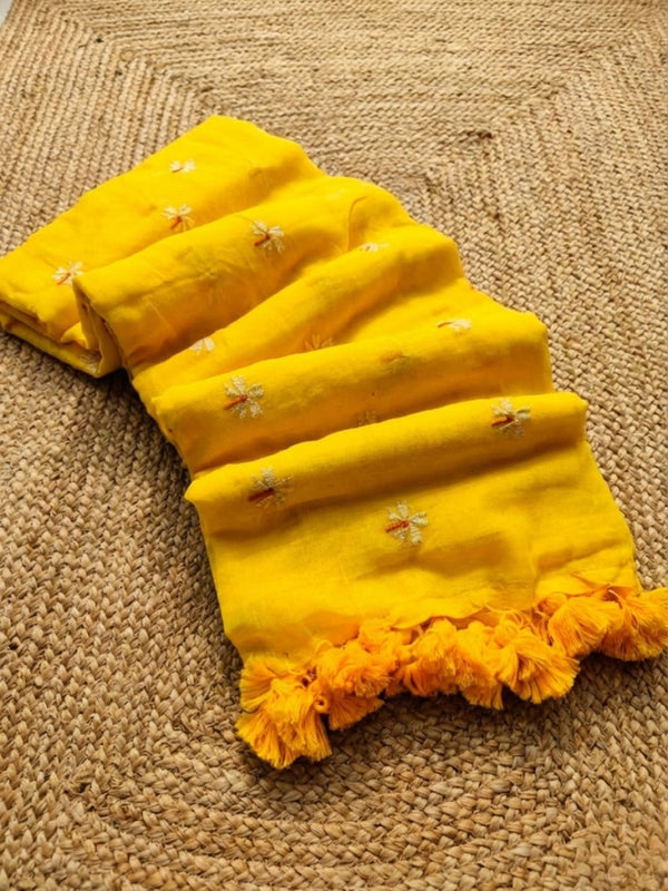 Indiehaat | Pure Mul Cotton Digital Embroidery Saree Yellow