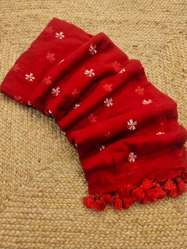 Indiehaat | Pure Mul Cotton Digital Embroidery Saree Red