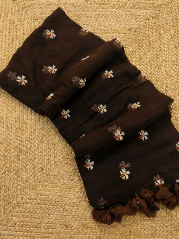 Indiehaat | Pure Mul Cotton Digital Embroidery Saree Brown