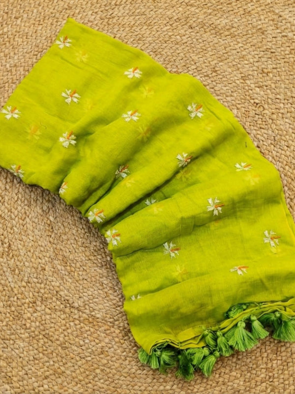 Indiehaat | Pure Mul Cotton Digital Embroidery Saree Green