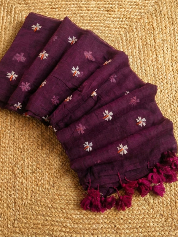 Indiehaat | Pure Mul Cotton Digital Embroidery Saree Wine