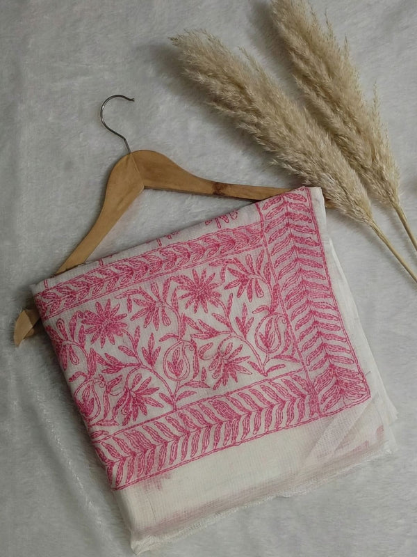 Indiehaat | Kota Doria Chikanakri Saree White & Pink