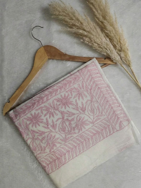 Indiehaat | Kota Doria Chikanakri Saree White & Pink
