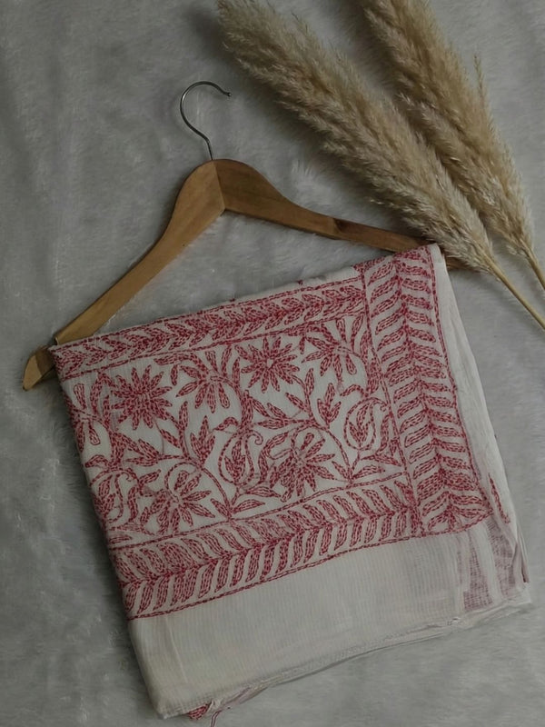 Indiehaat | Kota Doria Chikanakri Saree White & Red