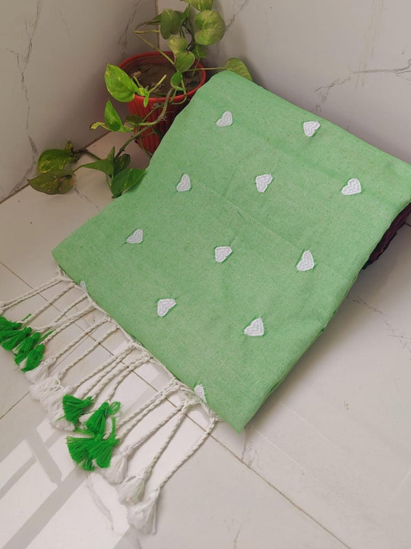 Indiehaat | Pure Khadi Cotton Embroidery Saree Green