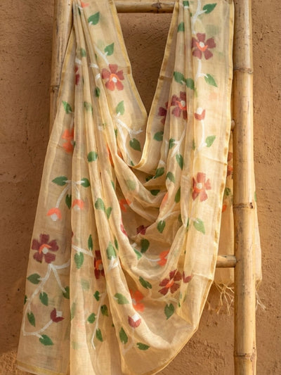 Indiehaat | Pure Muslin Silk Jamdani Saree Yellow