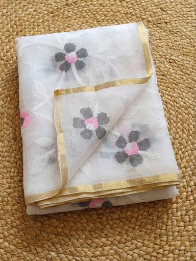 Indiehaat | Pure Muslin Silk Jamdani Saree White