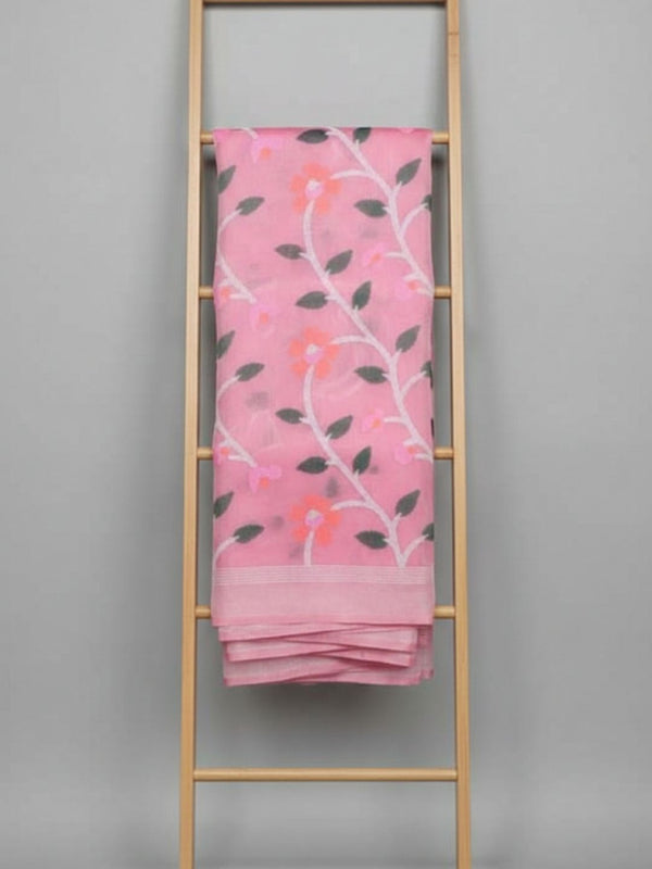 Indiehaat | Pure Muslin Silk Jamdani Saree Pink