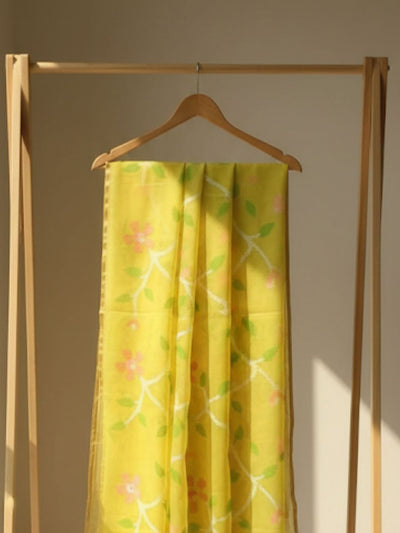 Indiehaat | Pure Muslin Silk Jamdani Saree Yellow