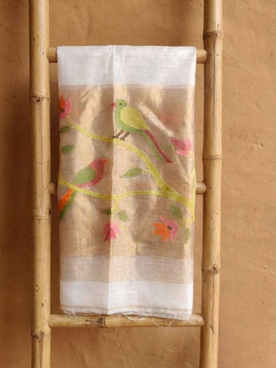 Indiehaat | Pure Muslin Silk Jamdani Sequin Saree White