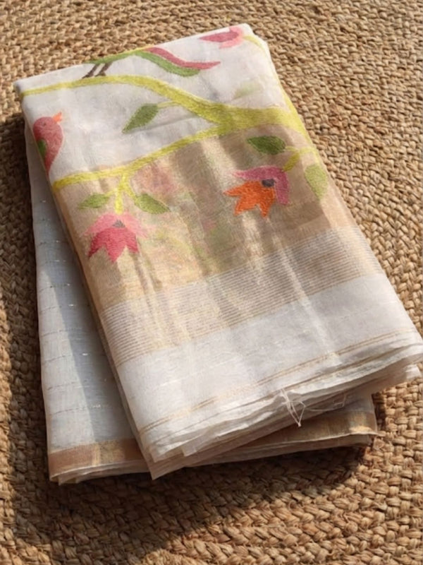 Indiehaat | Pure Muslin Silk Jamdani Sequin Saree White