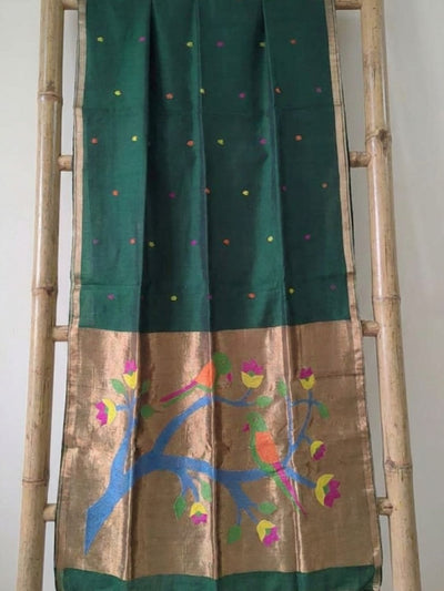 Indiehaat | Pure Muslin Silk Jamdani Sequin Saree Green