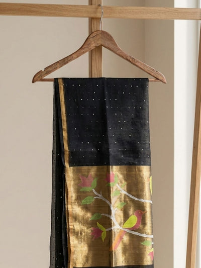 Indiehaat | Pure Muslin Silk Jamdani Sequin Saree Balck