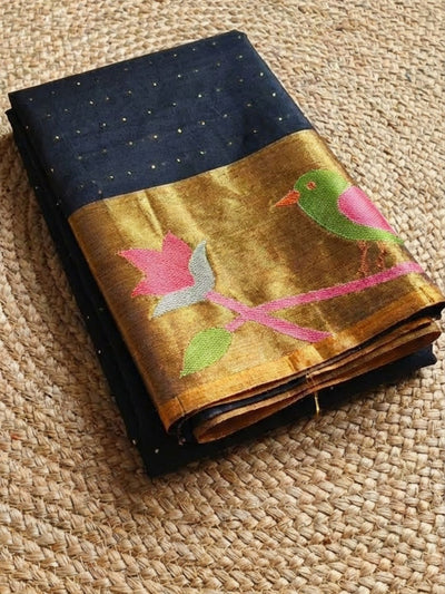 Indiehaat | Pure Muslin Silk Jamdani Sequin Saree Black