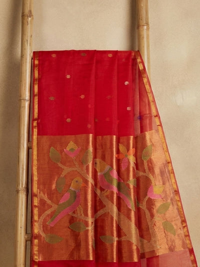 Indiehaat | Pure Muslin Silk Jamdani Sequin Saree Red