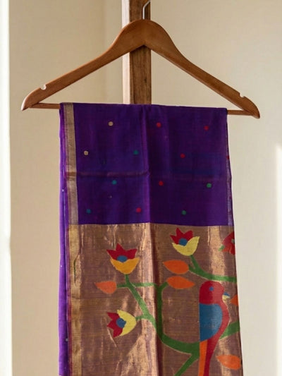 Indiehaat | Pure Muslin Silk Jamdani Sequin Saree Purple