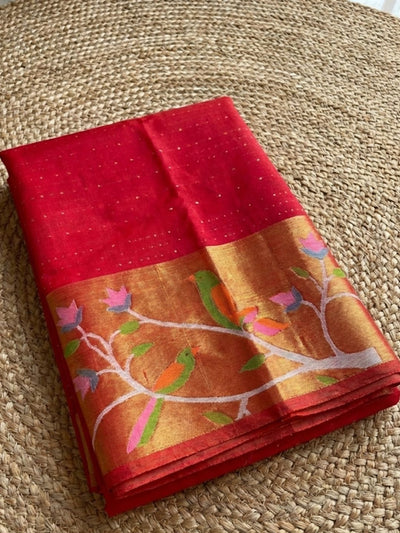 Indiehaat | Pure Muslin Silk Jamdani Sequin Saree Red