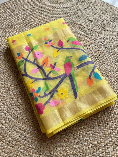 Indiehaat | Pure Muslin Silk Jamdani Sequin Saree Yellow