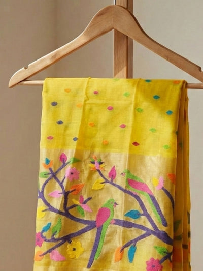 Indiehaat | Pure Muslin Silk Jamdani Sequin Saree Yellow