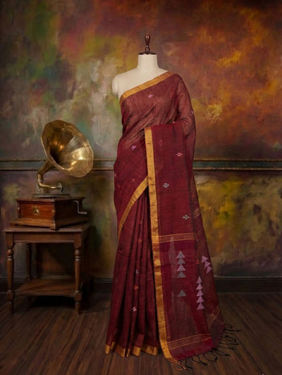Tanira Pure Linen Jamdani Saree Maroon