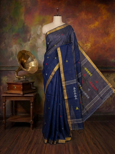 Tanira Pure Linen Jamdani Saree Navy Blue