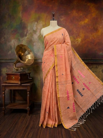 Tanira Pure Linen Jamdani Saree Peach