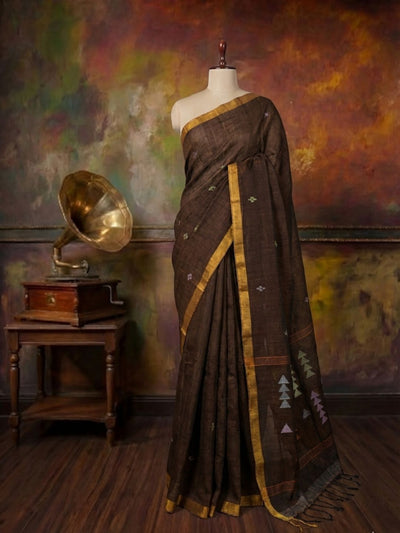 Tanira Pure Linen Jamdani Saree Dark Brown