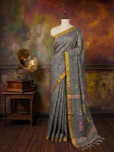 Tanira Pure Linen Jamdani Saree Gray