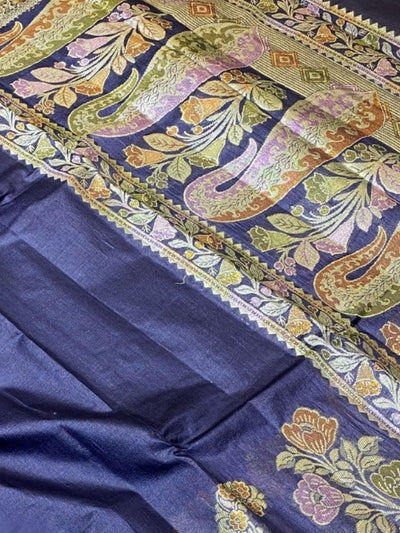Indiehaat | Silkmark Tussar Silk Meenakari Saree Blue