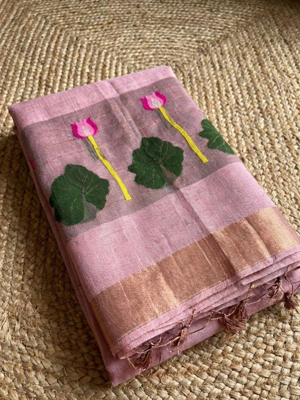 Indiehaat | Handloom Silk Linen Jamdani Saree Pink
