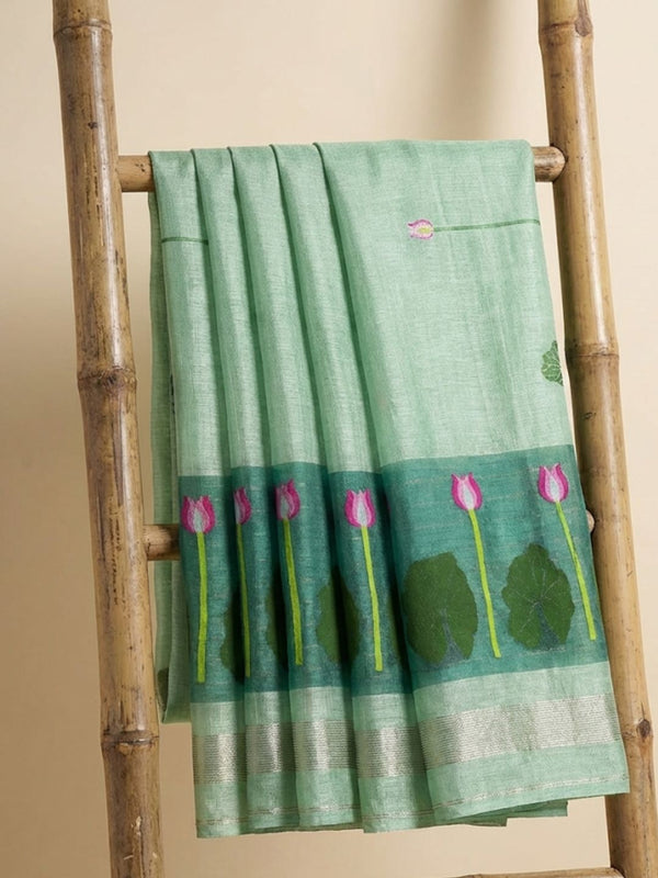 Indiehaat | Handloom Silk Linen Jamdani Saree Green